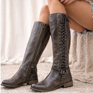 Bed Stu Burnley Tall Corset Harness Boots Womens 6 Brown Leather Lace Up USA
